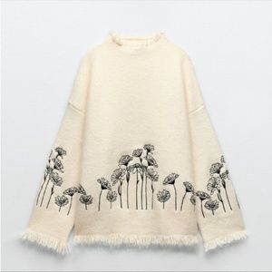 Zara Wool Blend Cream Embroidered Floral Sweater - Size S